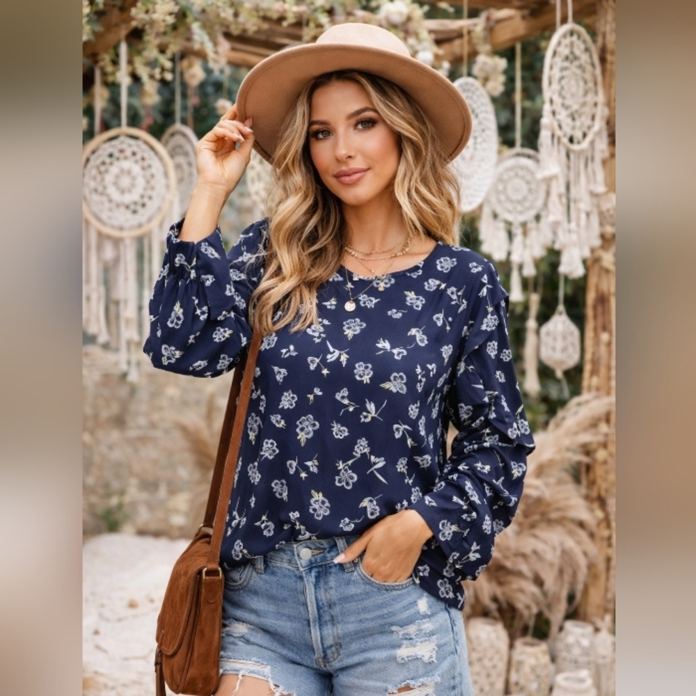 Reitmans Navy Floral Blouse Ruffle Sleeve Cottagecore Boho Chic Lightweight Top
